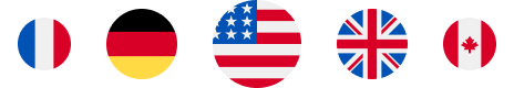 Circles with flags of France, Germany, the USA, the UK, and Canada.